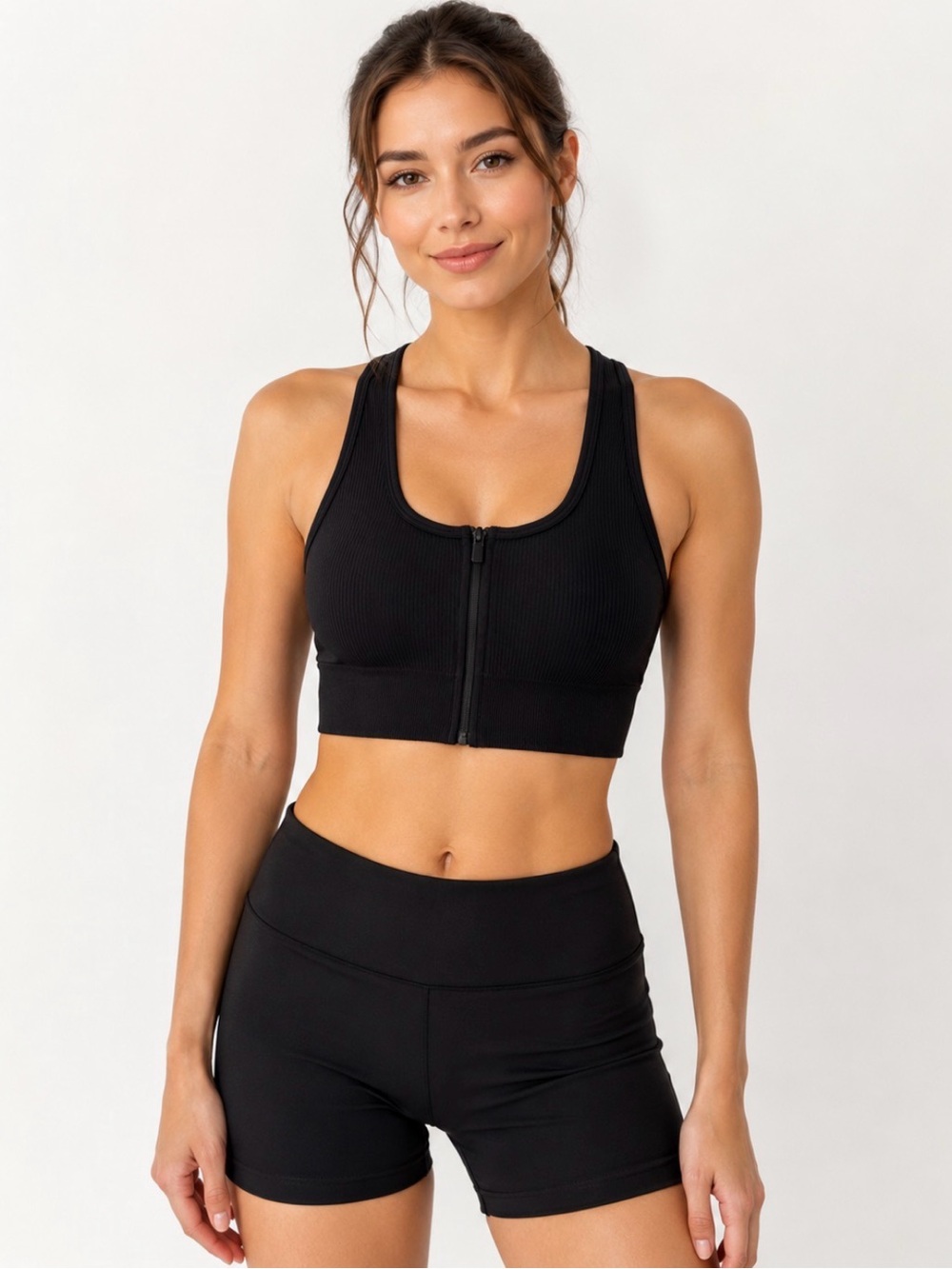 SVVINN Black Ribbed Zip Front Racerback Sports Bra NWT